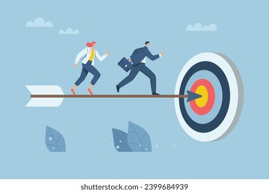 Effective teamwork, Successful business development, Success goals or career growth ideas. Team of businessmen running after an arrow that hits the target. Vecter design illustration.