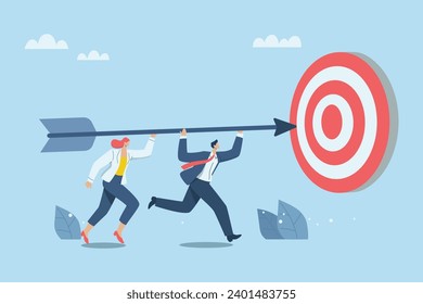 Effective teamwork, Successful business development, Setting goals for success or career growth concepts. Team of businessmen grab a big arrow and aim at the target in front of them. Vector design.