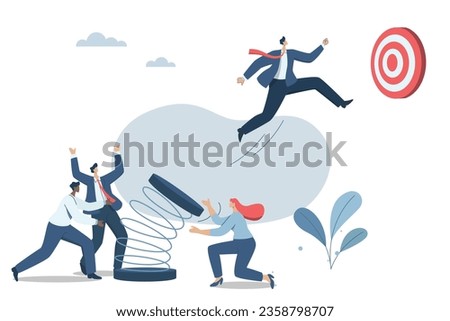 Effective teamwork, Teams helping employee to reach ultimate goal, Promoting and growing in business, Businessman jumping from springboard to success goal. Vector design illustration. Stockfoto © 