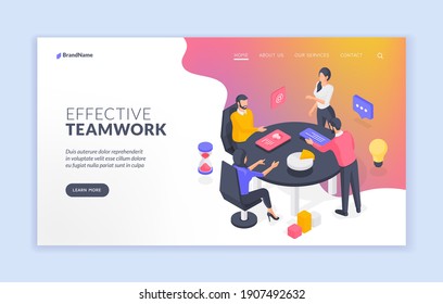 Effective teamwork website banner template. Business team working with data effectively. Group of office colleagues discussing data around table. Isometric vector illustration