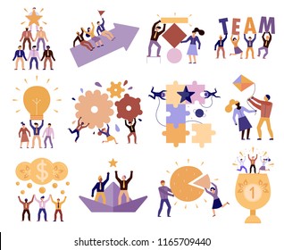 Effective teamwork in workplace 12 cartoon compositions of successful team members cooperation trust goals commitment vector illustration 