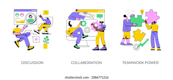 Effective team-working abstract concept vector illustration set. Discussion, collaboration, teamwork power, share opinion, brainstorming, corporate website, goal achievement abstract metaphor.