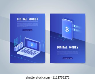 Effective template digital money bitcoin, smart digital devices such as phone,computer, video card, data processing vector illustration.