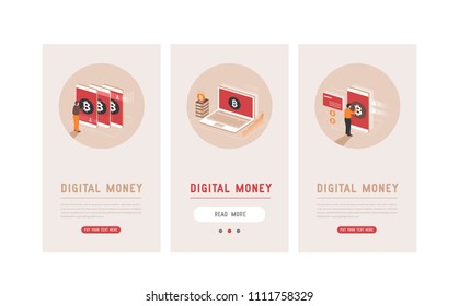 Effective template digital money bitcoin, smart digital devices such as phone,computer, video card, data processing vector illustration.