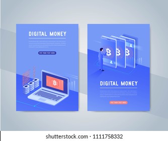 Effective template digital money bitcoin, smart digital devices such as phone,computer, video card, data processing vector illustration.