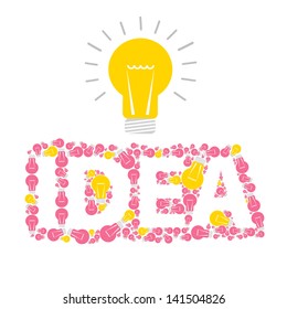 Effective thinking concept. Word idea with bulb light. Bulb light idea vector illustration