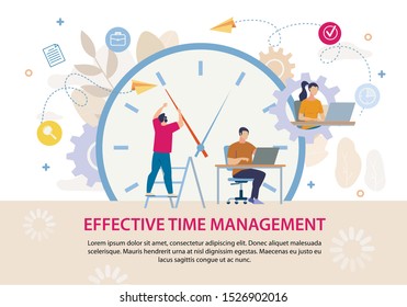 Effective Time Management Advertising Text Poster. Business People Working on Laptop. Huge Alarm Clock. Workflow Process Organization. Efficient Work Scheduling. Vector Cartoon Illustration