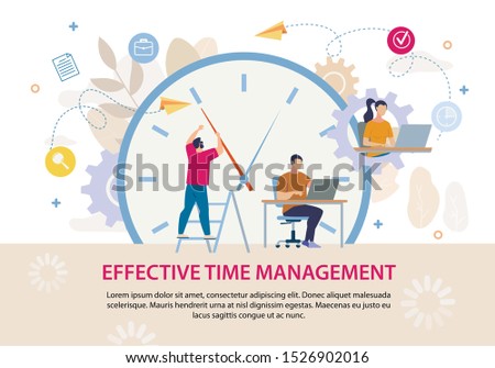 Effective Time Management Advertising Text Poster. Business People Working on Laptop. Huge Alarm Clock. Workflow Process Organization. Efficient Work Scheduling. Vector Cartoon Illustration