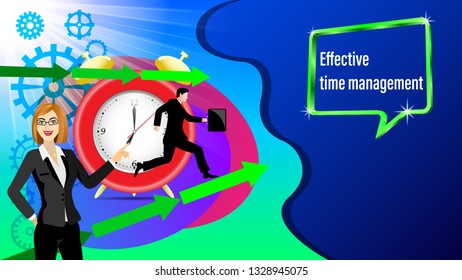 Effective time management banner. Alarm clock, direction arrows, road sign attention, Running businessman and with a briefcase in the sunlight. Business woman points hand. Vector Illustration