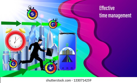 Effective time management banner. Alarm clock, Smartphone with navigation, direction arrows.  Running businessman with briefcase in the sunlight and City, skyscrapers. Realistic 3d Vector Illustration