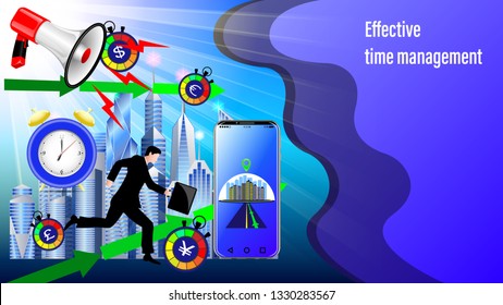 Effective time management banner. Megaphone, Alarm clock, Smartphone with navigation, direction arrows.  Running businessman in the sunlight and City, skyscrapers. Realistic 3d Vector Illustration