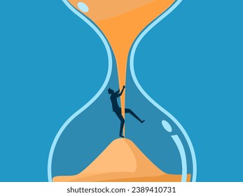 Effective time management. Businessman climbs up the sand hourglass 