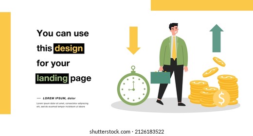 Gestión eficaz del tiempo del empresario para ganar dinero. Crecimiento financiero de la ganancia para la pequeña ilustración vectorial plana de carácter. El tiempo es concepto de dinero para banner, diseño de sitios web o página web de aterrizaje