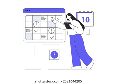 Effective time management concept. Business Woman planning schedule on calendar and organizing workflow. Flat Cartoon Vector Illustration, icon. Stylish abstract 