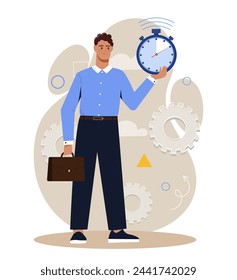 Effektives Zeitmanagement-Konzept. Mann mit Handtasche und Uhren. Hartnäckiger Manager und Mitarbeiter mit Workflow. Geschäftsmann mit Terminplanung und Planung. Cartoon flache Vektor-Illustration
