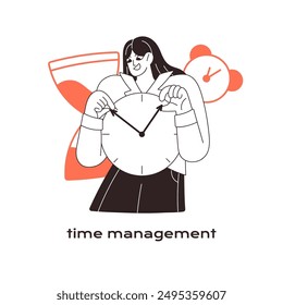 Effective time management concept. Self organization and discipline. Worker with soft skills, ability. Employee appoints work deadline with watch. Flat isolated outline vector illustration on white