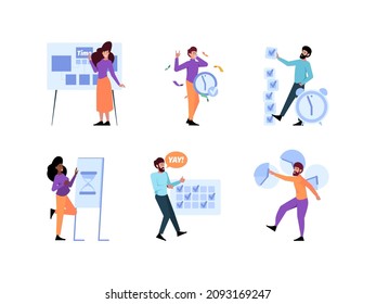 Wirksames Zeitmanagement. Corporate Work Manager Organisation persönliche produktive Lifestyle gute erfolgreiche Planung von gräischen Vektorgrafiken im flachen Stil