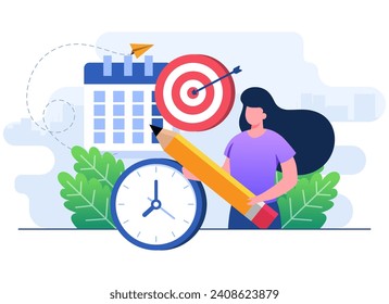 Effective time management flat illustration vector concept, Female character organizing monthly schedule, Planning calendar appointments, Organizing work tasks, daily events, business meetings, 