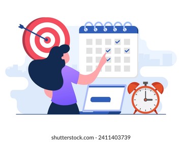 Effective time management flat illustration vector concept, Female character organizing monthly schedule, Planning calendar appointments, Organizing work tasks, daily events, business meetings, 