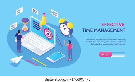 Effective time management horizontal banner with male and female characters alarm clock hourglass target isolated icons vector illustration