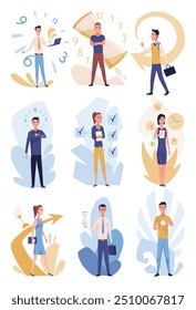 Effective time management icon set on abstract background. Efficiency work time. Freelance man and woman workers with productivity clock. Time management, control business time or deadline concept