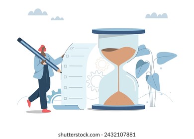 Effective time management, Time management Intelligent proper planning, Working on time, Businesswoman is inspecting work near a large hourglass. Vector design illustration.