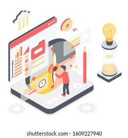 Effective time management isometric vector illustration. Planning projects to meet deadline. Productivity and multitasking. Timetable indicator. Virtual platform cartoon conceptual design element
