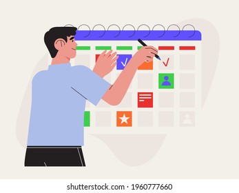 Effective time management. Man manages tasks and event strategy plan, schedule or organization of business meetings on calendar or online through mobile and computer application. Corporate development. To do list.