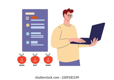 Effective time management. Man work with computer, pomodoro technique for successful job timing. Student learning and doing all tasks vector concept