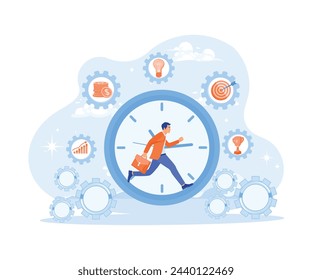 Effective time management. Men complete work on time to achieve goals. Time Management concept. Flat vector illustration.