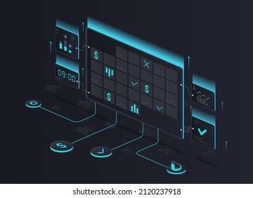 Gestión eficaz del tiempo. Aplicaciones modernas para crear un programa de trabajo o gráfico. Recordatorio para un empleado responsable. Calendario para el diseño de la página de inicio del sitio web. Isometric vector ilustración