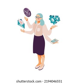 Effective Time Management Multitasking Isometric Concept With Female Office Worker And Work Icons 3d Vector Illustration