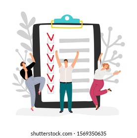 Effective time management. People completed business plan. Team rejoices task done vector illustration