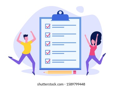 Effective time management. People completed business plan. Team rejoices task done vector illustration.