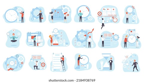 Effective Time Management with People Organizing Time on Clock and Calendar Vector Big Set