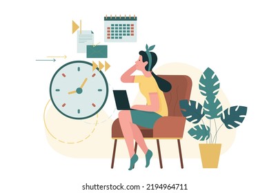 Effective time management and planning life time and home work for woman. Girl sitting with laptop, clock and calendar schedule to plan hours and tasks flat vector illustration. Lifestyle concept