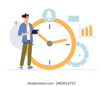 Effective Time Management with Planning. Man Stands Holding a Tablet in His Hands and Plans the Workflow or Study. Vector Flat Cartoon Illustration.