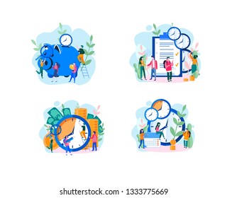 Effective time management, save time, teamwork, planning training activities,  organization, working time. Flat vector illustration.