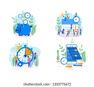 Effective time management, save time, teamwork, planning training activities,  organization, working time. Flat vector illustration.