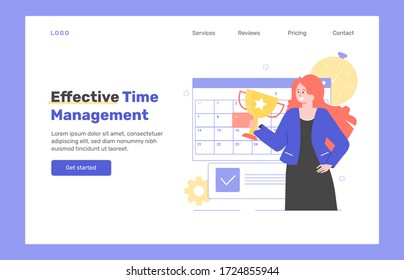 Wirksames Zeitmanagement. Selbstproduktivität, Planungen nach einem Kalender und Zeitplan, Ziele erreichen. Mädchen mit einer goldenen Tasse. Vorlagenkonzept für die Landing-Seite Vector flache Abbildung.