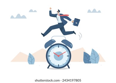 Effective time management skill, Time management Intelligent proper planning, Punctuality, Working on time, Businessman jumps over a large clock. Vector design illustration.