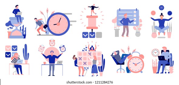 Effective time management symbols flat elements set with tasks planning training activities schedule checkpoints isolated vector illustration