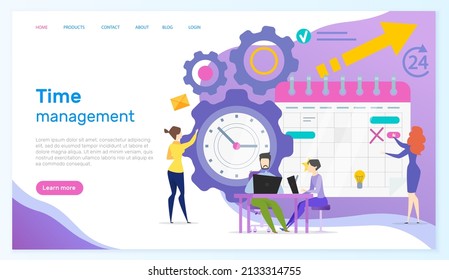 Effective time management, teamwork, planning training activities, organization, working plan concept. Website template landing page flat style. Colleagues create work schedule, monthly plan