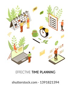 Effective time planning isometric background with people making business schedule and routine management vector illustration