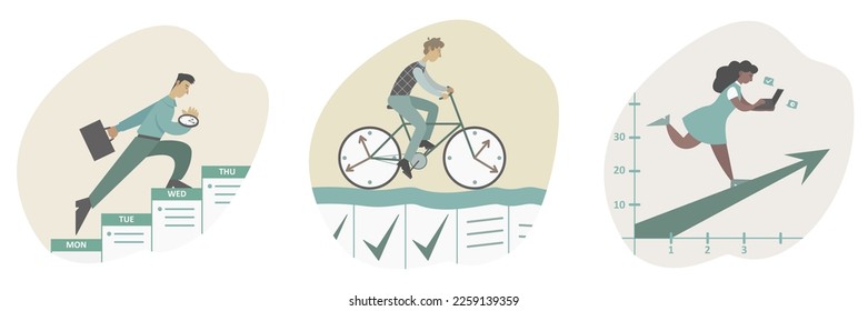 Effective time planning. Time management concept. Businessman with briefcase run up on stairs of schedule. Character rides time bike. Girl runs along arrow to success. Flat vector illustration