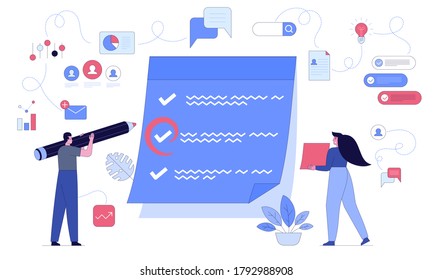 Effective time planning and task management. Man with large pencil does checkmark in to-do list. Vector character illustration of goals achievement, business strategy daily task, work organization