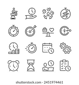 Effective Time and Resource Management, icon set. Work, Rest, Deadlines, and Productive Time Allocation. Clocks, Work, Leisure, Meeting, Work Hours, Meet Deadlines. Line with editable stroke