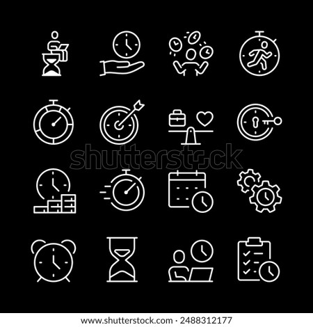 Effective time and resource management, white line icons. Clocks, work, leisure, and meeting visuals to optimize productivity and balance. Symbols on black background. Editable stroke.