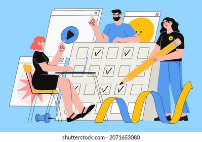 Effective time and team management. Team manages tasks and plan future growth strategy, organize working process or workflow on business meeting on calendar in office. Corporate development banner.