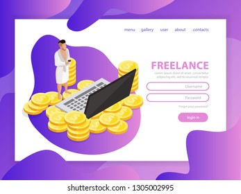 
Effective website template design. Modern isometric freelance vector illustration for web page design and mobile site development. Landing Freelancer. Easy to edit and customize.